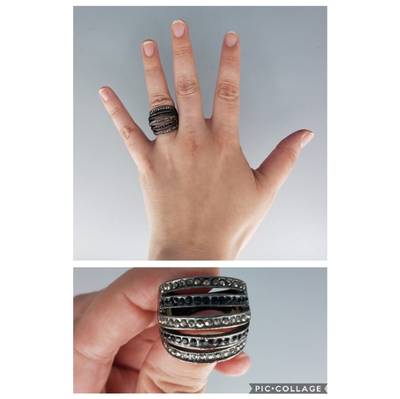 Gunmetal Rhinestone Stretchback Ring - Picture 1 of 9